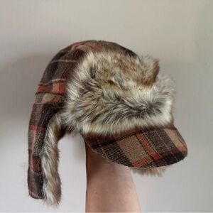 GAP Brown Plaid Faux Fur Hat